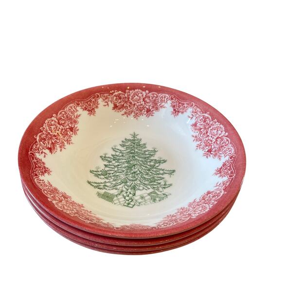 Royal Stafford CHRISTMAS TREE Porcelain Pasta Bowls 9" Red Green Set of 4 NEW - Picture 7 of 10
